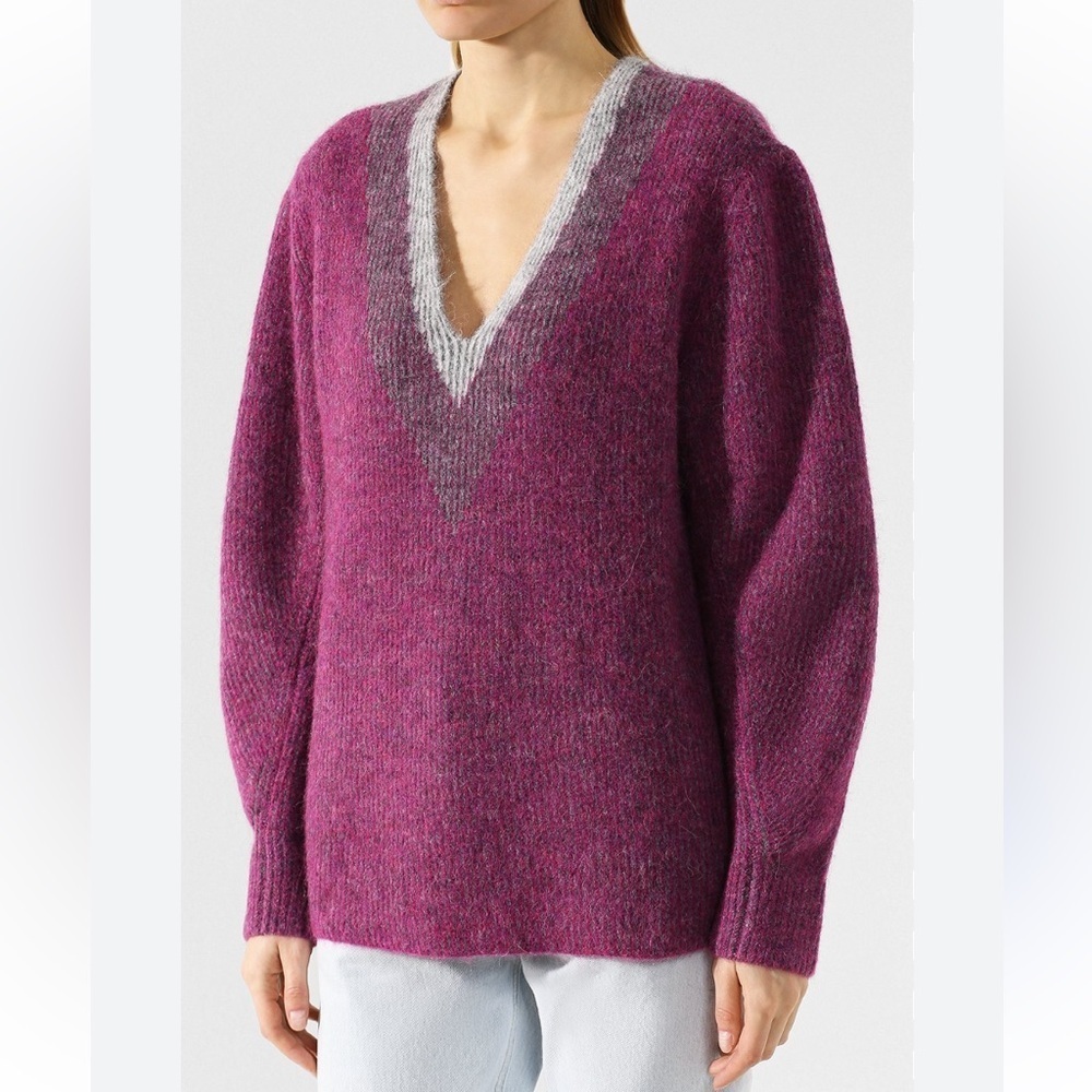 Rag & Bone Jonie Wool Alpaca Blend Vibrant Pink Deep V, Soft Gray Knit Oversized